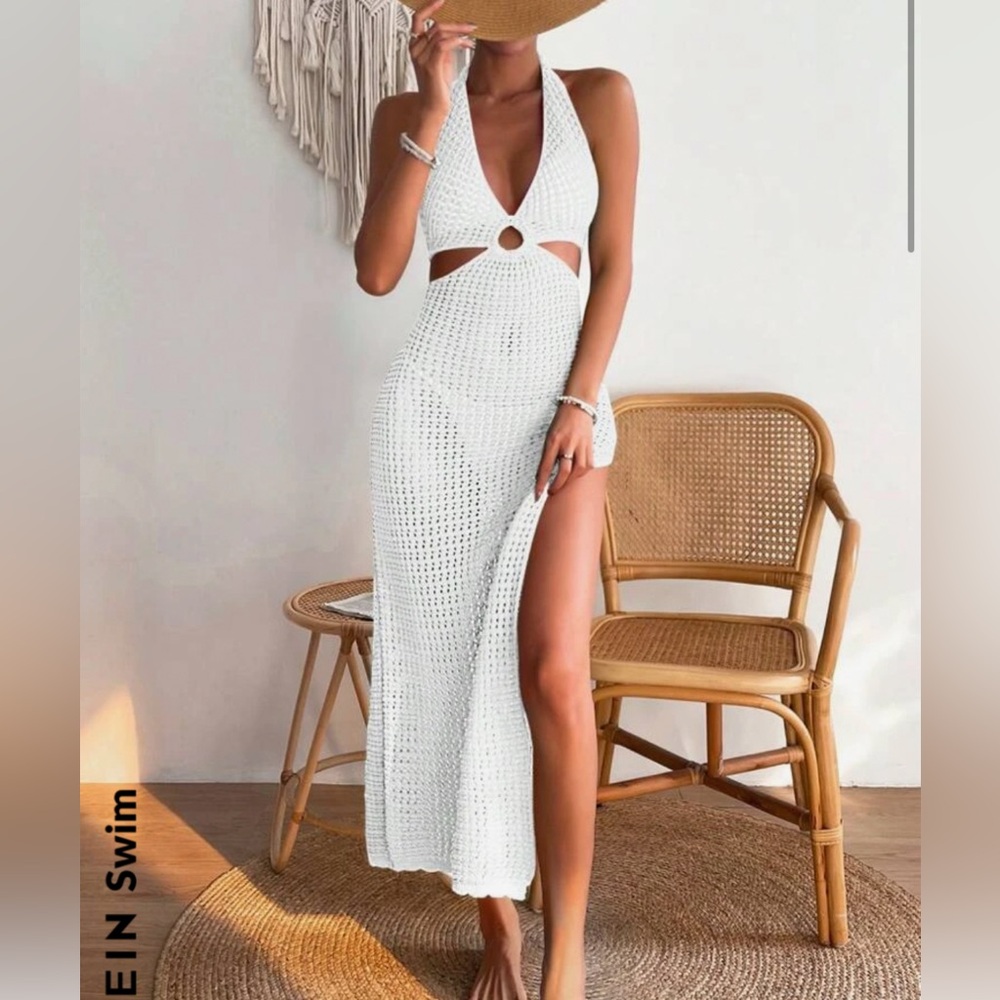 White Crochet Halter Maxi Swim Cover-Up size small New with Tags